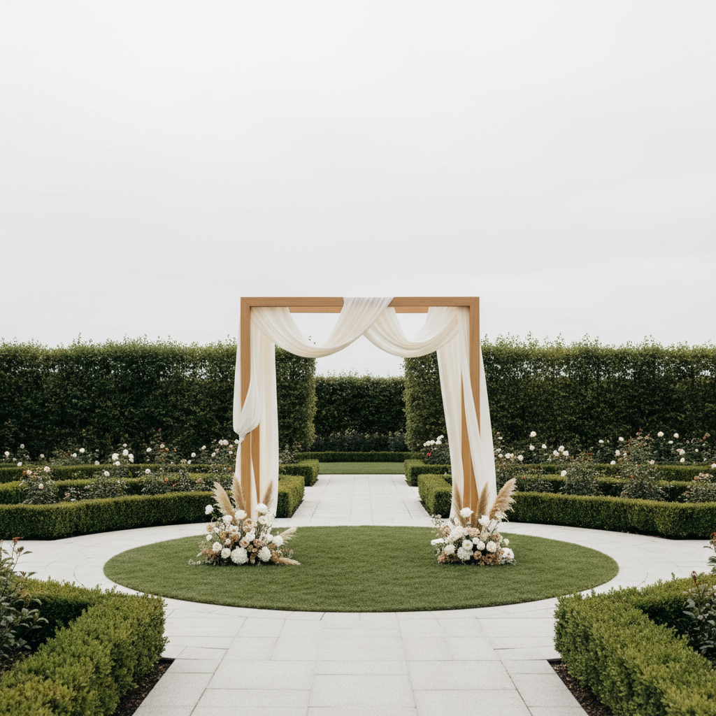 A minimalist, elegantly designed wedding ceremony arch made of smooth, light natural wood with soft ivory draping, standing alone at the center of a manicured garden space. The arch is surrounded by neatly trimmed hedges, pale stone paths, and subtle neutral-toned floral arrangements. Soft diffused daylight filters through overcast clouds, casting even lighting and eliminating harsh shadows. The visual mood is refined and calm, emphasizing structure and elegance. Captured from an eye-level angle with a balanced, centered composition and a sharp focus throughout. The overall aesthetic is clean, corporate, and photographic, supporting the professional presentation of bespoke wedding ceremonies.