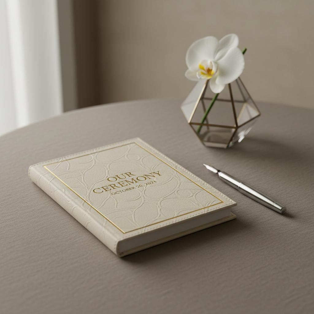 A sophisticated, ivory-colored leather-bound ceremony script book lying closed on a smooth taupe linen tablecloth, with a classic chrome fountain pen placed parallel on its right. The setting includes a geometric glass vase with a single white flower in the background, set against a neutral wall. Gentle indirect natural light washes over the scene, creating subtle highlights across the textures and barely-there shadows. The mood is composed, organized, and quietly ceremonial. Photographed at a slightly elevated angle with shallow depth of field, keeping the script and pen in crisp detail while softly blurring the background. The style is clean, modern, and unmistakably professional, ideal for depicting personalized wedding service materials.