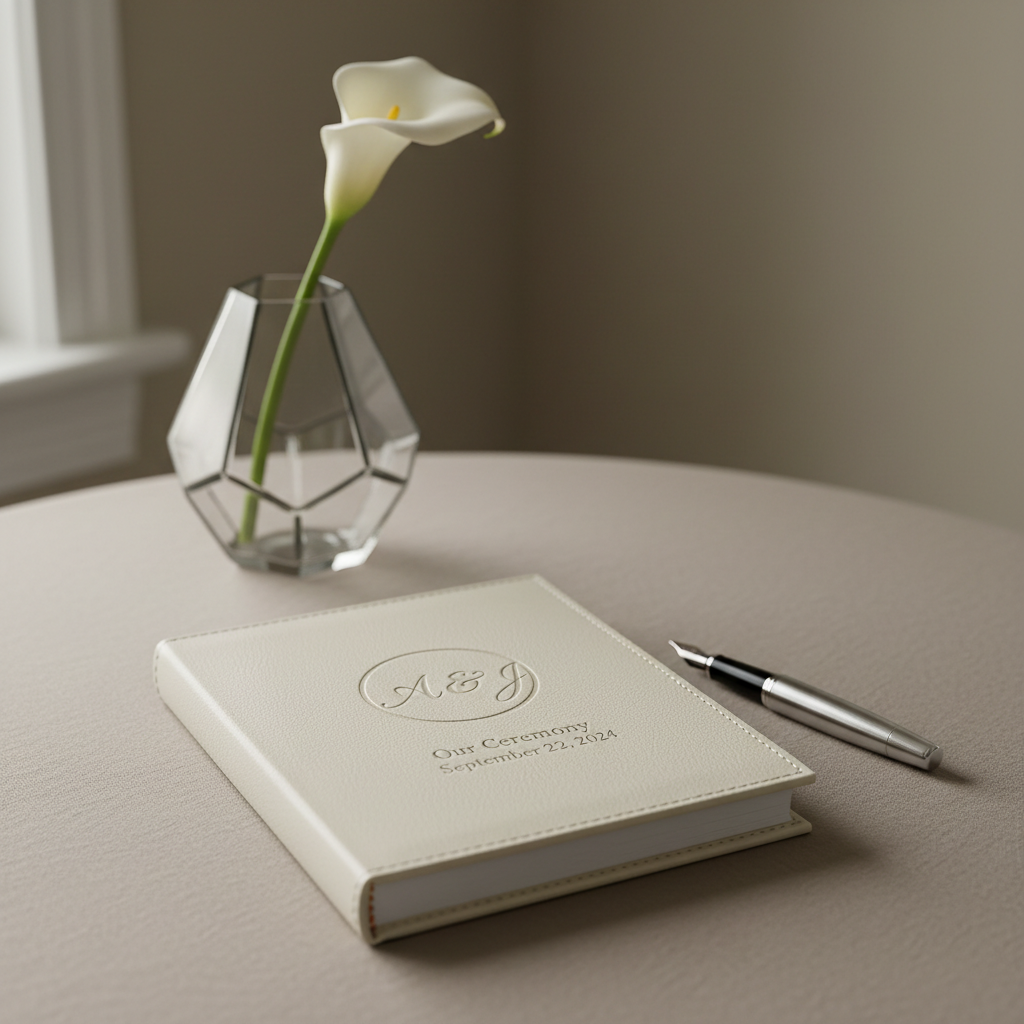 A sophisticated, ivory-colored leather-bound ceremony script book lying closed on a smooth taupe linen tablecloth, with a classic chrome fountain pen placed parallel on its right. The setting includes a geometric glass vase with a single white flower in the background, set against a neutral wall. Gentle indirect natural light washes over the scene, creating subtle highlights across the textures and barely-there shadows. The mood is composed, organized, and quietly ceremonial. Photographed at a slightly elevated angle with shallow depth of field, keeping the script and pen in crisp detail while softly blurring the background. The style is clean, modern, and unmistakably professional, ideal for depicting personalized wedding service materials.