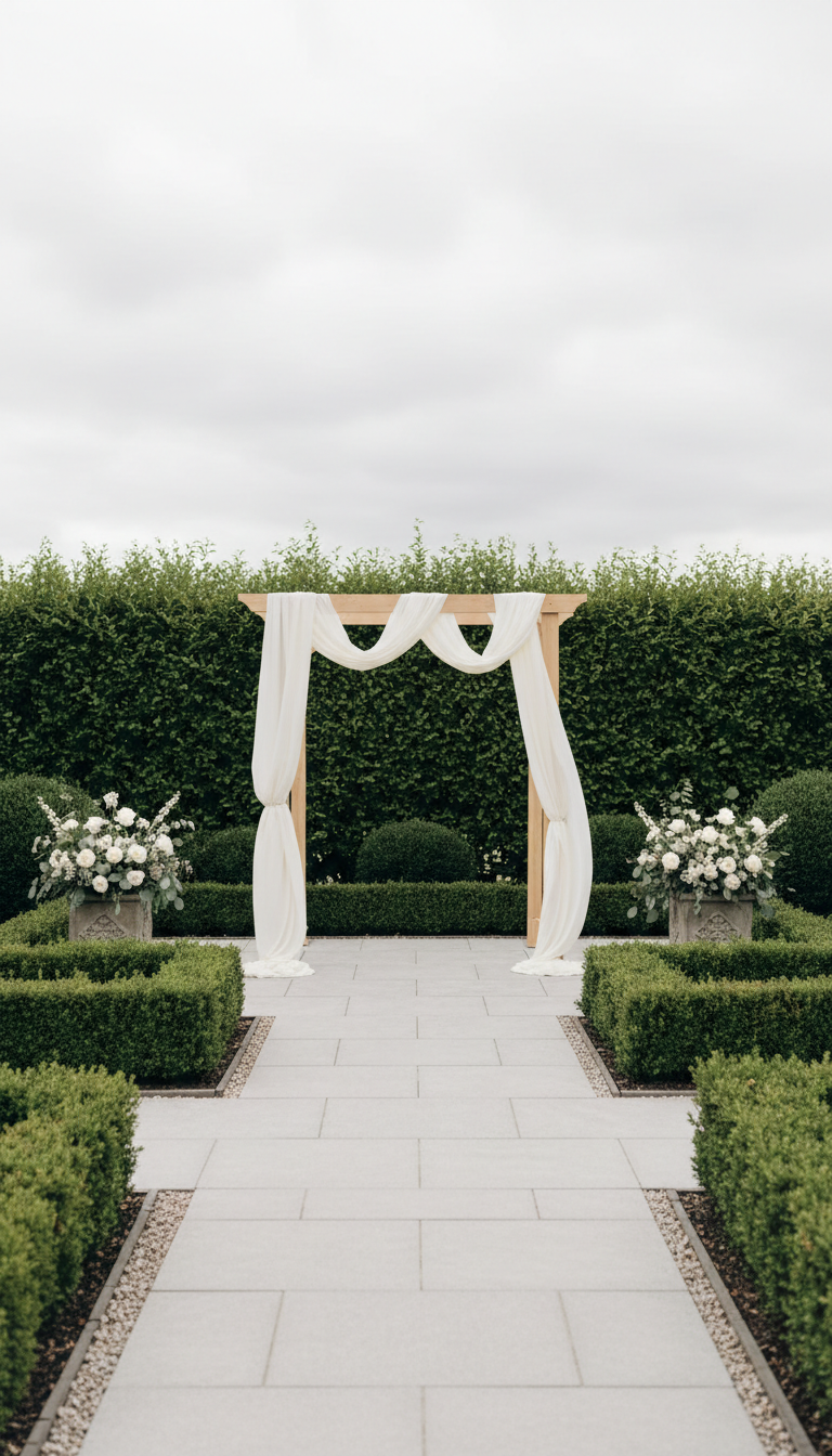A minimalist, elegantly designed wedding ceremony arch made of smooth, light natural wood with soft ivory draping, standing alone at the center of a manicured garden space. The arch is surrounded by neatly trimmed hedges, pale stone paths, and subtle neutral-toned floral arrangements. Soft diffused daylight filters through overcast clouds, casting even lighting and eliminating harsh shadows. The visual mood is refined and calm, emphasizing structure and elegance. Captured from an eye-level angle with a balanced, centered composition and a sharp focus throughout. The overall aesthetic is clean, corporate, and photographic, supporting the professional presentation of bespoke wedding ceremonies.