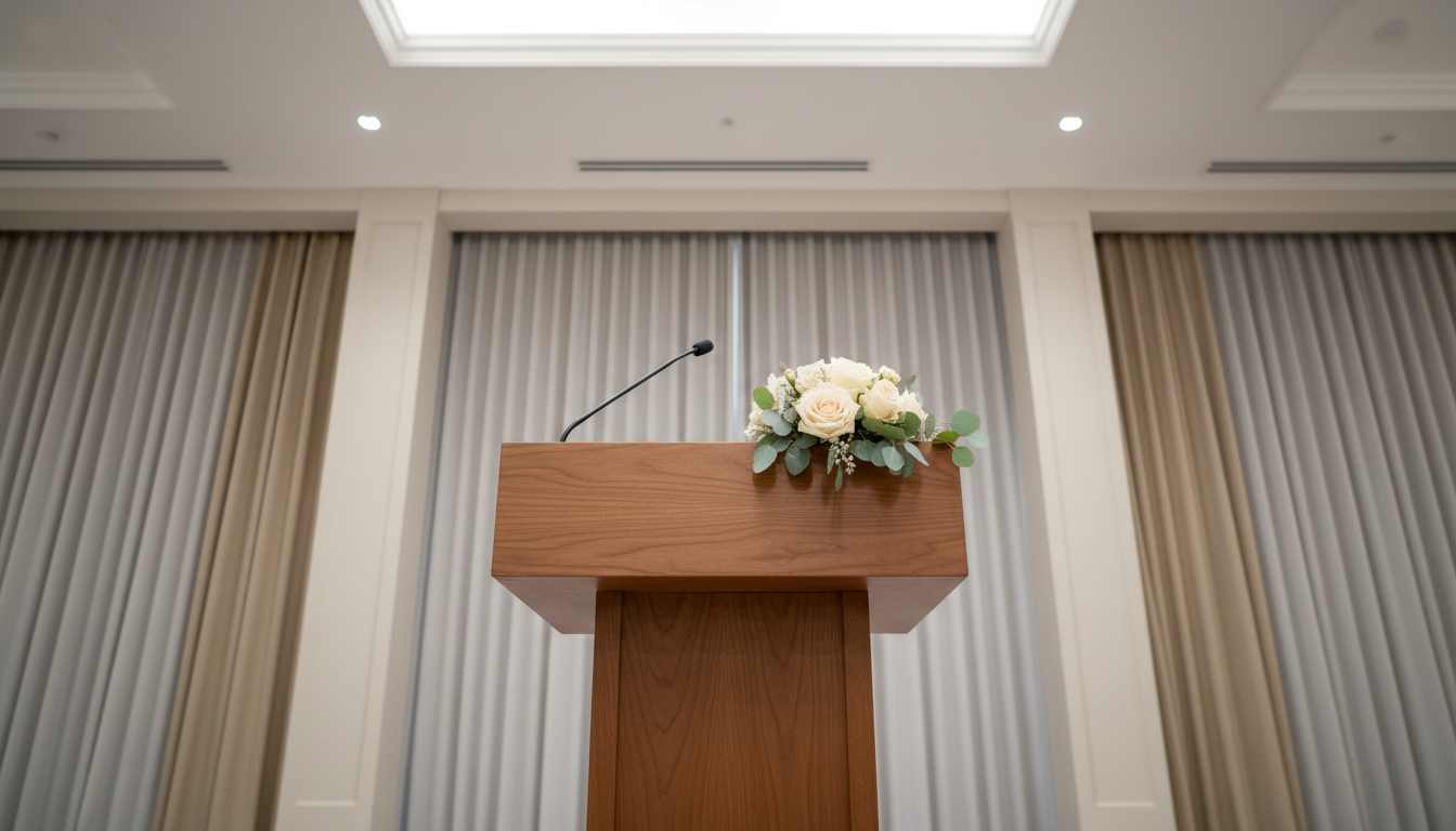A polished walnut pedestal positioned at the front of a tastefully decorated ceremony hall, topped with a single microphone and a discreet arrangement of pale roses and eucalyptus. The background features clean architectural lines and neutral-toned drapery cascading from ceiling to floor, all symmetrically arranged. Muted, soft-white overhead lighting casts gentle, even illumination, which highlights the pedestal's smooth surface and provides a quiet sense of importance. The mood is dignified and formal yet welcoming. Shot from a low, forward-facing perspective with rule-of-thirds composition to emphasize the setting’s structure and focus. The photographic realism and corporate style underline the celebrant’s expertise in hosting ceremonies with gravitas and clarity.